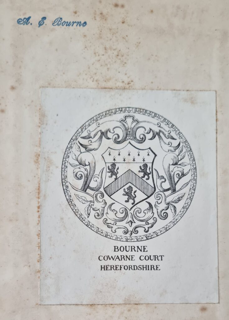 Bookplate of the Bourne family, Cowaren Court, Herefordshire, and A.E. Bourne’s stamp