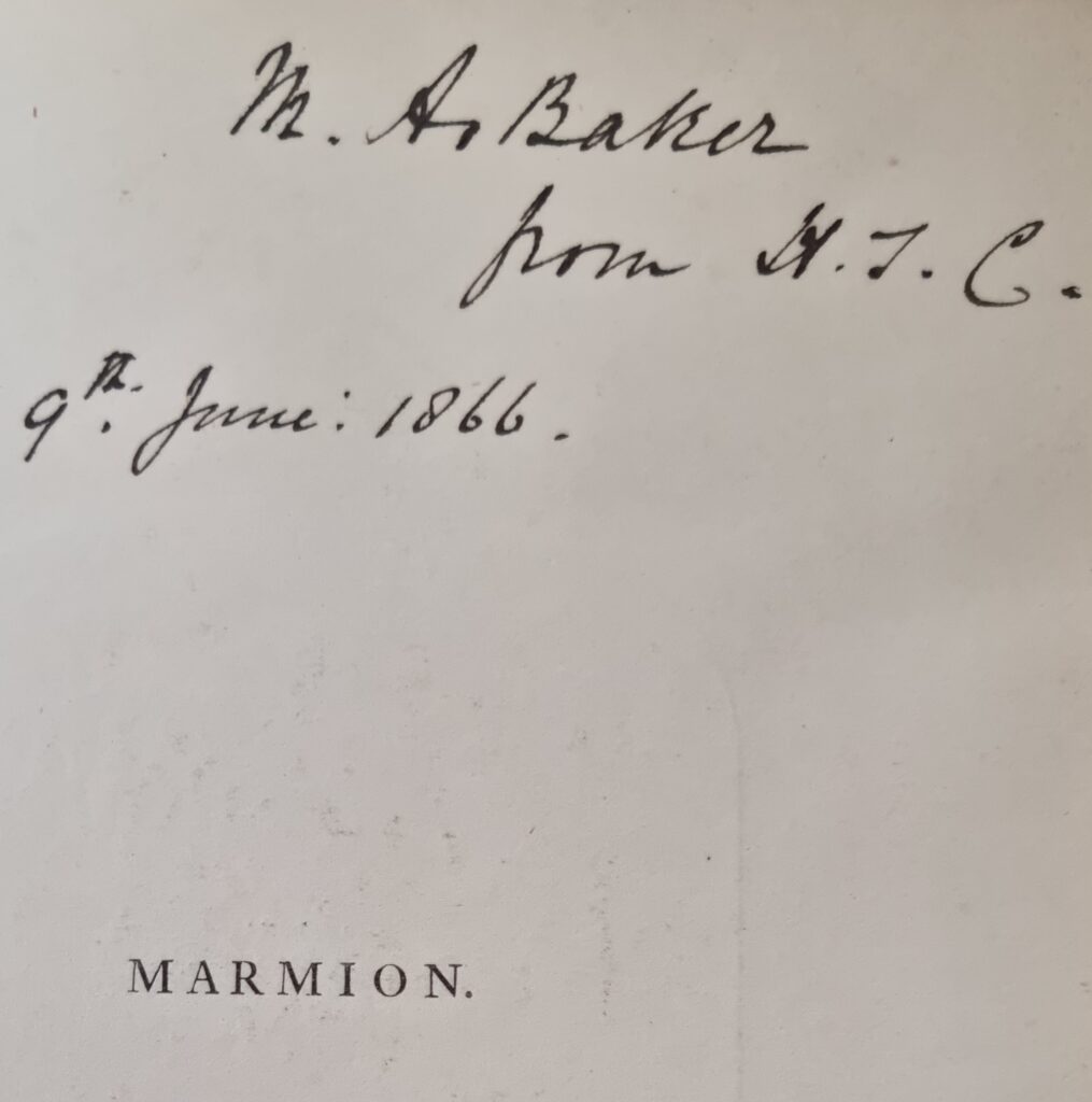Gift dedication to M.A. Baker from H.J.C dated 9th June 1866