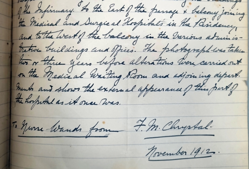 A page of handwritten text ending in a gift inscription from Francis Chrystal to Katherine Wands