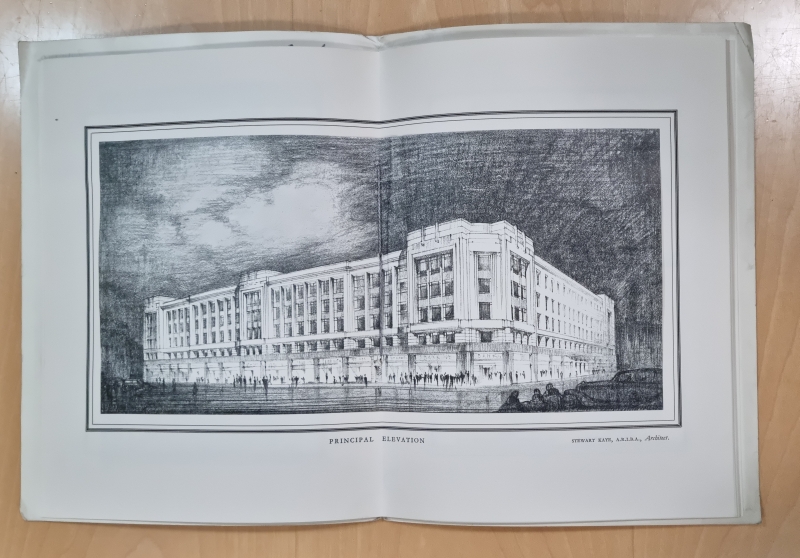 An engraving on the grand scale of the elevantion of a grand art deco block of offices and shops.