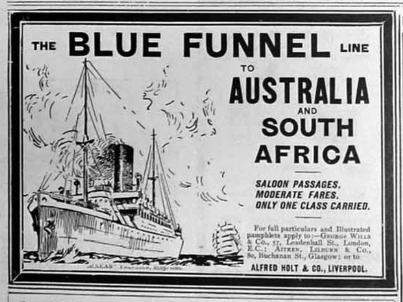 An advertisement for the Blue Funnel Line's services to South Africa and Australia showing a steamship at sea.