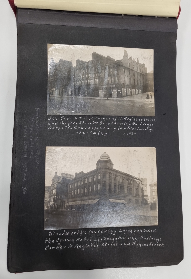 An album with two photographs taken 30 years apart of the same scene at the east end of Princes Street. The traditional shops of the first are replaced by the modern F.W. Woolworth of the second.