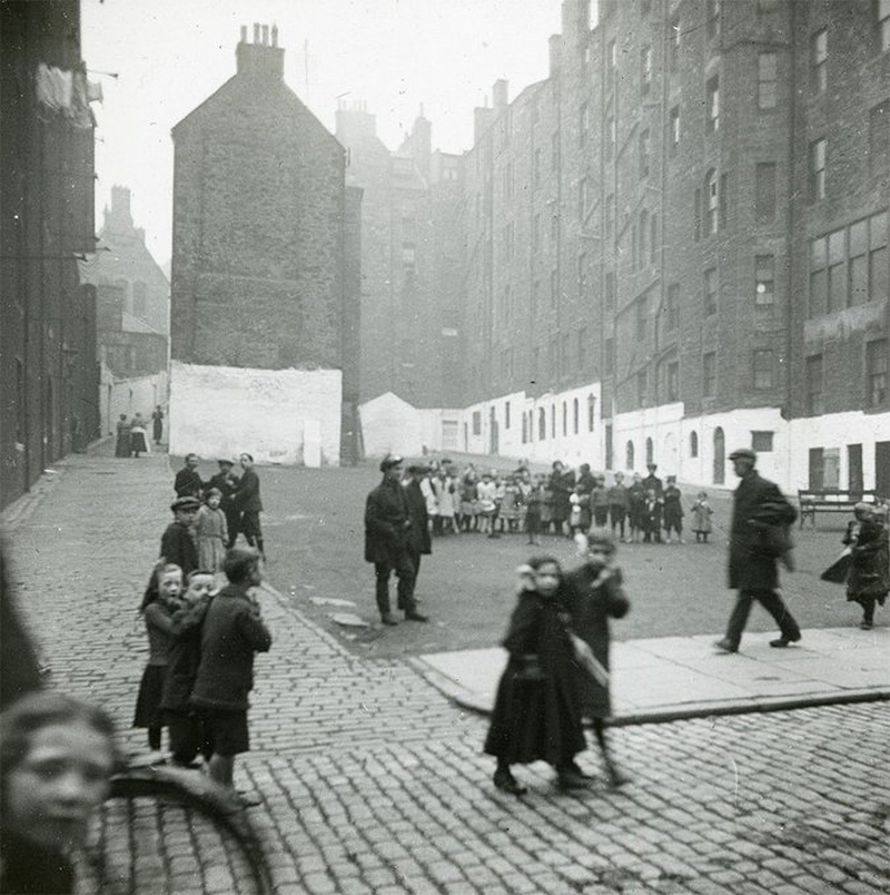 An Old Town scene taken by the Geddes team based at the Outlook Tower, showing the whitewashing of lower floors encouraged by Geddes.